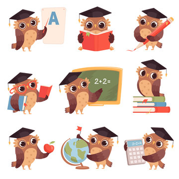 Owl School. Teacher Birds Characters Teaching Reading Writing Owls Cartoon Collection. Bird Teacher Owl, Mascot Of Studying And Teaching Illustration