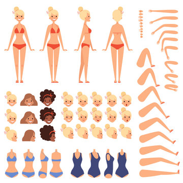 Summer character. Constructor of female in swimsuit on beach in various poses and emotions vector creation kit cartoon collection. Illustration of girl body, head and arm, leg and hand constructor