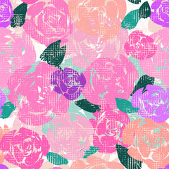 Abstract multi-colored hand painted roses with canvas texture effect. Seamless vector pattern.