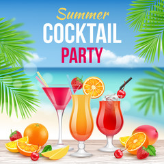 Cocktail party poster. Invitation to drinking alcohol summer party martini whiskey margarita vector realistic placard. Illustration of cocktail party poster, card cafe invitation