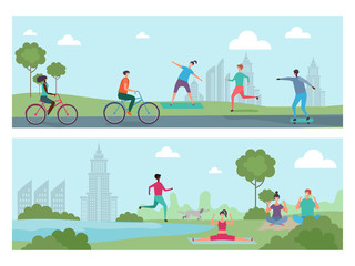 Sports people in the city park. Outdoor activity, international people riding bicycles, running, doing yoga vector illustration. Park city people bicycle and yoga