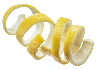 Lemon peel or lemon twist on white background. Clipping path.