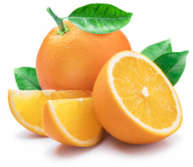 Orange fruit with orange slices and leaves isolated on white background.
