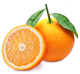 Orange fruit with orange slice and leaves isolated on white background.