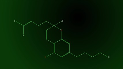 Structural formula of the cannabichromene molecule. Black and green flashing gradient background