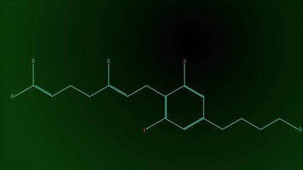Structural formula of the cannabigerol molecule. Black and green gradient background