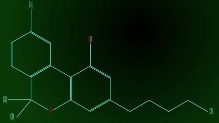 Structural formula of the cannabinol molecule. Black and green gradient background