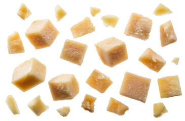 Parmesan cheese cubes and parmesan crumbs on white background. Clipping path.
