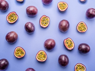 Passion fruit background. Set of passion fruits. Top view.