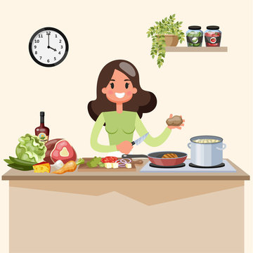 Beautiful Woman Cooking Soup On The Kitchen