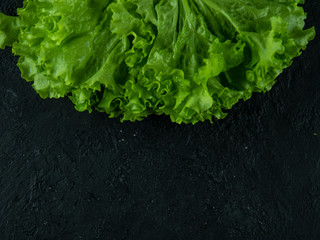 Leaves of fresh lettuce on a stone background. Top view