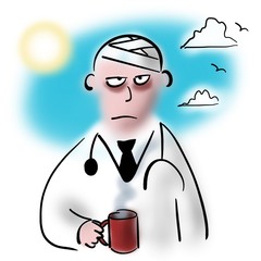Doctor with headache drinks coffee