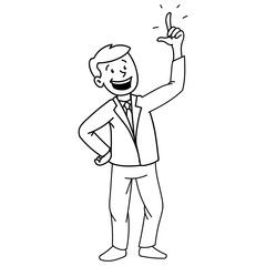 Vector illustration of a businessman in a business suit having an idea and flicking his fingers. black white cartoon drawing.