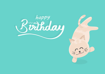 Birthday greeting card, adorable kitten kid mascot, cute cartoon invitation using for children celebrate poster vector background