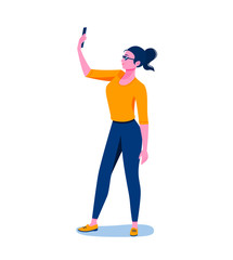Social media, networks. Woman is taking selfie. Using smartphone. Flat concept vector illustration for web, landing page, banner. Isolated on white.