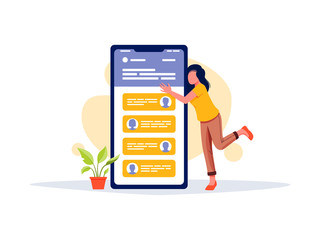 Social networks, chatting, dating app. Young woman hugs big smartphone and talking to phone. Flat vector concept illustration isolated on white.