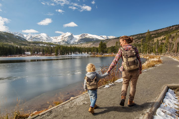Family in Rocky mountains National park in USA