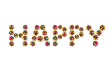 colorful cookies glaze, text word happy, white background isolated