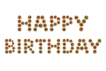 colorful cookies glaze, text word happy birthday, white background isolated