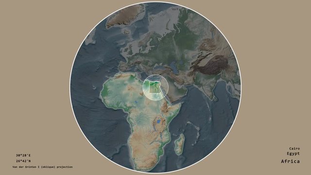 Egypt and its capital circled and zoomed on the global physical map in the van der Grinten I projection with animated oblique transformation. Animation 3D