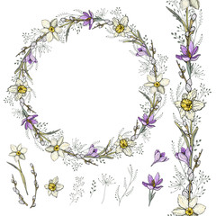 Obraz na płótnie Canvas Floral brush, wreath, garland and elements. Collection of spring flowers narcissus, crocus and herbs. Circle template for cards, packaging, stationary.