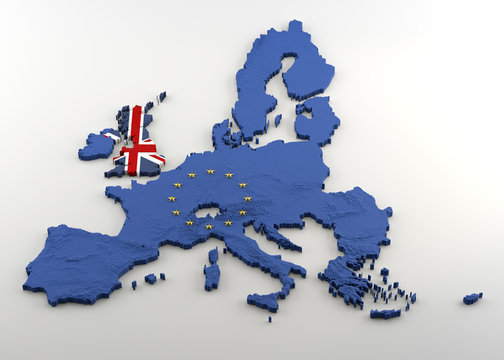 Extruded Map of Political European Union with relief including United Kingdom prior to anticipated Brexit. Texture made of Blue EU flag with gold stars incrusted in 3D shape on a white background.