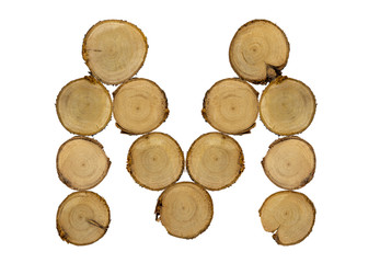 Wooden stumps, letter M, alphabet, white background isolated