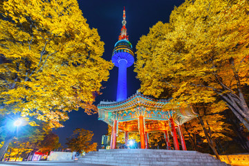 Herfstkleurverandering in Seoul en N Seoul Tower in de herfst & 39 s nachts, Seoul city, Zuid-Korea