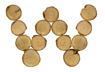 Wooden stumps, letter W, alphabet, white background isolated