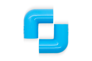 PVC blue pipe elbow 90 degree fitting white background isolated. square in the middle.