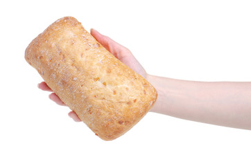 Ciabatta with cheese in hand on a white background isolation