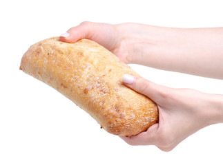 Ciabatta with cheese in hand on a white background isolation