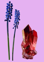 realistic vector art set with ruby crystal and muscari flower on a pink background. Vintage and retro style.