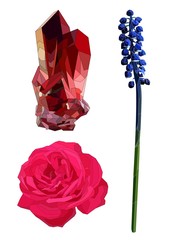 realistic beautiful vector set with rose, ruby crystal and muscari flower. Vintage and retro style.