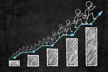 Handwritten white chalk growth graphic on blackboard. Businessman with briefcase of money climbing step by step on business stairs graph with copy space