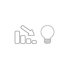 Vector icon concept of sales bar chart with arrow pointing down and light bulb symbolizes bad idea. Black outline.