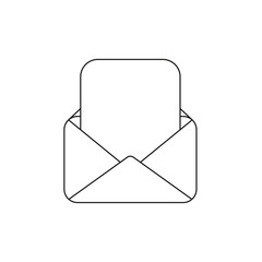 Vector icon of opened mail envelope with blank paper. Black outline.