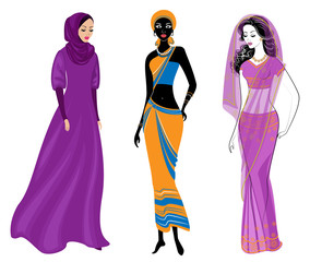A collection of beautiful ladies. A Muslim, an African-American girl and an Indian woman. National clothes. Set of vector illustrations