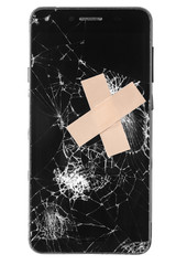 Broken mobile phone / cellphone / smartphone  screen with patch stitches isolated on white background