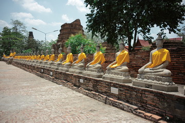 Fototapeta na wymiar 並んでいる　仏陀　黄色い袈裟を巻く　タイの歴史上最大の王朝アユタヤ　世界遺産　タイ王国　アユタヤの人気寺院「ワット・ヤイチャイモンコン」。高さ約72メートルの仏塔は、遠くからも見えるアユタヤのランドマーク的存在