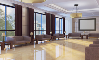 View of the interior of the lobby in the office building. Reception Business background. Blank paintings.  Mockup.. 3D rendering