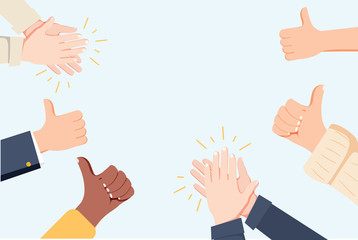 Human hands clapping. Applaud hands. Vector illustration in flat style. Many Hands clapping ovation and thumps up
