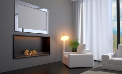 View of the chair near the fireplace. Living room with a large window.. 3D rendering. Blank paintings.  Mockup.