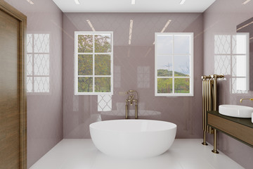 Fototapeta na wymiar Bathroom with large windows and decorative purple tiles. Golden plumbing.. 3D rendering