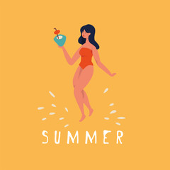 Fototapeta na wymiar Vector illustration girl wearing red swimsuit with coconut cocktail. Summer vibes.