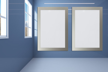 Empty interior of blue bathroom with glossy walls. Brown door.. Blank paintings.  Mockup. 3D rendering