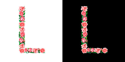 watercolor floral alphabet of roses, Monogram, title letter L isolated on black and white background.