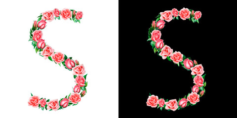 watercolor floral alphabet of roses, Monogram, title letter S isolated on black and white background.
