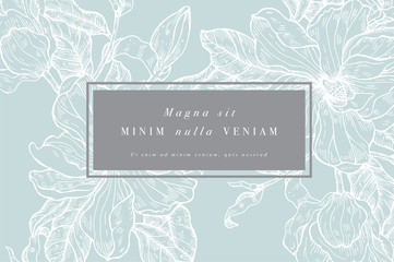 Vintage card with magnolia flowers. Floral wreath. Flower frame for flowershop with label designs. Summer floral magnolia greeting card. Flowers background for cosmetics packaging. © oxygen_8