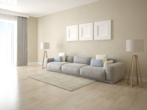  Mock up a spacious living room with a large comfortable sofa and fashionable decorative plaster.